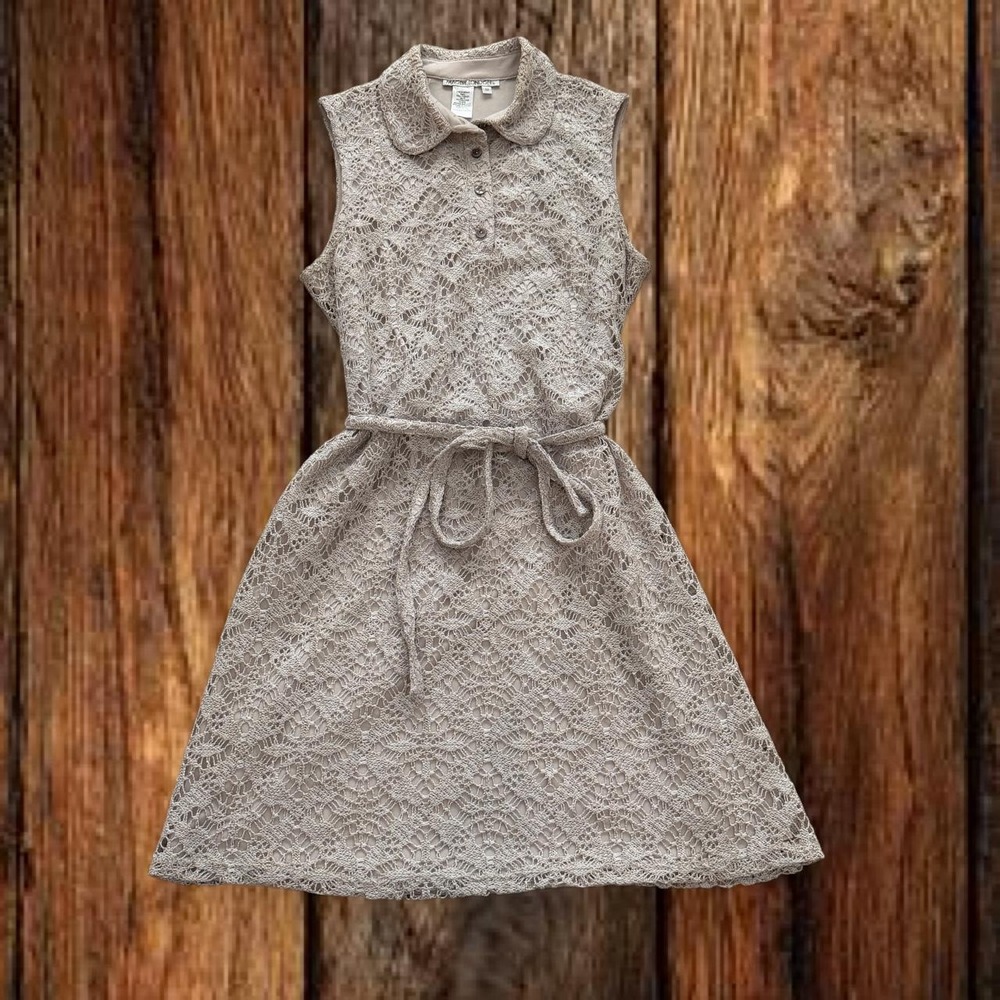 Maggy London Womens Dress Beige Lace Peter Pan Collar Fit Flare Belted Size 12